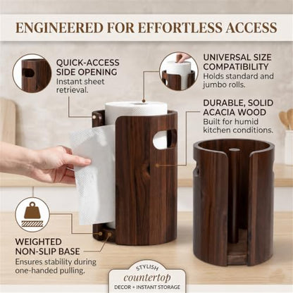 Wooden Paper Towel Holder Countertop, Weighted Base Acacia Wooden Kitchen roll rack with splash guard, and non-slip design, One-Hand Tear Design, Farmhouse Paper Towel Stand for Kitchen, Apartment, RV