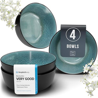 Stoneware Cereal Bowls Set of 4, 27 oz Scratch Resistant Ceramic Soup Bowl | Dishwasher & Microwave Safe Stoneware Bowls, Reactive Glaze Coating, Modern Kitchen Bowl Set, Dark / Petrol Blue - color: Petrol Blue, size: Set (4pcs)