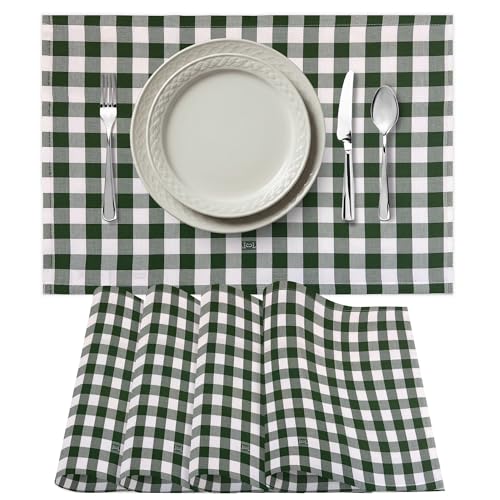 Premium Gingham Check Cloth Placemats by Carlo Lamperti Italy (Set of 4) 100% Cotton Green Plaid Place Mats, 20x14 Jacquard Woven Cloth Stain Release Fabric for Dining Table, Machine Wash - color: Oregano