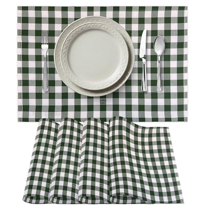 Premium Gingham Check Cloth Placemats by Carlo Lamperti Italy (Set of 4) 100% Cotton Green Plaid Place Mats, 20x14 Jacquard Woven Cloth Stain Release Fabric for Dining Table, Machine Wash - color: Oregano