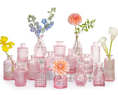 SUPMIND 16Pcs Pink Glass Bud Vases in Bulk for Wedding Table Centerpieces | Small Flower Vases Cute Mini Vintage Vase Set for Wedding, Home Decor, Table Decoration - color: Pink