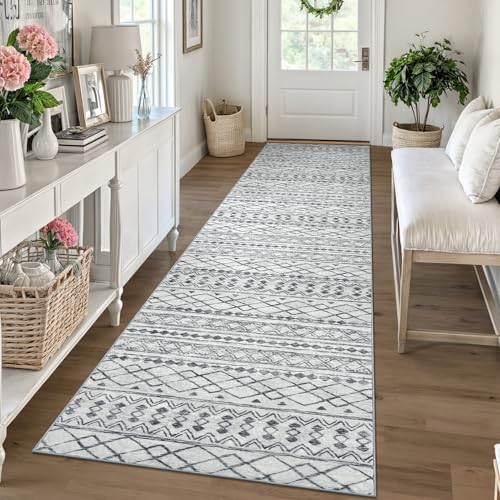 KUTA Moroccan Boho Geometric Washable Runner Rug 2.6x10 Grey Vintage | Non-Slip, Non-Shedding, Low Pile, Ultra Soft Floor Carpet Rugs for Hallway Kitchen Entryway Bedroom Laundry Foyer - color: Grey, size: 2'7" x 10' (Runner)