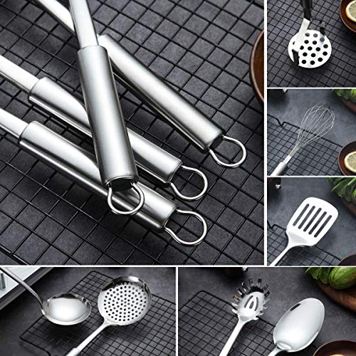 Berglander Cooking Utensil Set 8 Piece, Stainless Steel Kitchen Tool Set with Stand,Cooking Utensils, Slotted Tuner, Ladle, Skimmer, Serving Spoon, Pasta Server,Potato Maseher, Egg Whisk. （8 Pieces） - color: A. 8 Pieces