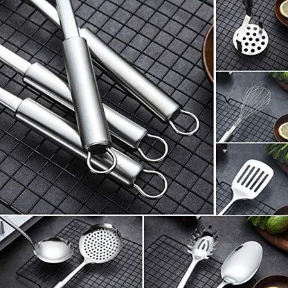 Berglander Cooking Utensil Set 8 Piece, Stainless Steel Kitchen Tool Set with Stand,Cooking Utensils, Slotted Tuner, Ladle, Skimmer, Serving Spoon, Pasta Server,Potato Maseher, Egg Whisk. （8 Pieces） - color: A. 8 Pieces