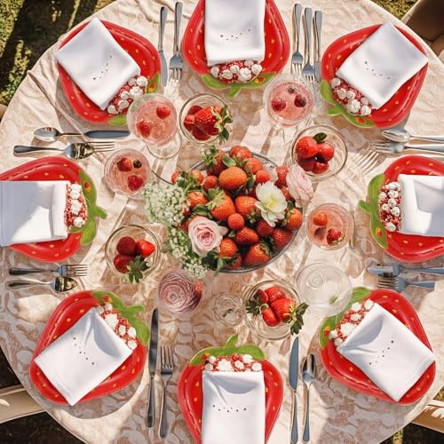LemonRoad 4 Pcs Ceramic Strawberry Plates 9 Inch Food Serving Platters Strawberry Theme Party Decorations Cute Fruit Salad Plates Dishes Spring Tableware Serving Tray for Dinner Dessert Picnic Candy