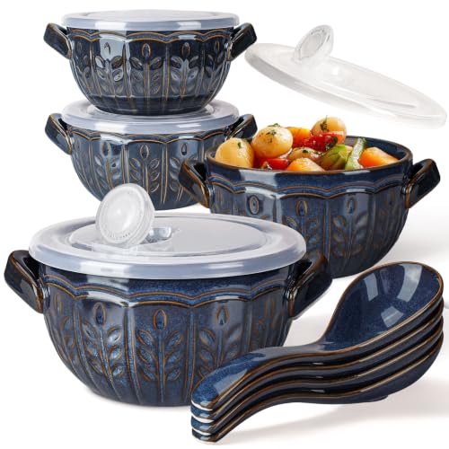 French Onion Soup Bowls with Handles and lids & Spoons, 20 Oz Ceramic Soup Crocks Oven Safe Serving Bowls for Chili, Beef Stew, Cereal, Pot Pies, Embossment, Set of 4, Blue (Wheat Leaf) - color: Blue (Wheat Leaf)