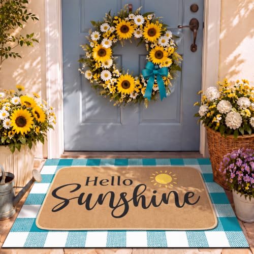 Tinideya 2 Pcs Hello Sunshine Door Mat Outdoor Layering Summer Welcome Mat for Front Door Rubber Linen Teal Blue White Buffalo Plaid Entrance Rug Summer Decor for Front Porch Outside Decor - size: 16 x 28 Inch,24 x 35 Inch, style: Hello Sunshine and Buffa