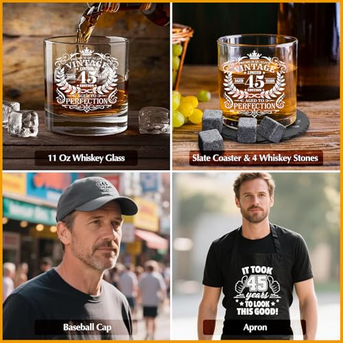 45th Birthday Gifts for Men Whiskey Glass Set, 45th Birthday Party Supplies with 11 Oz Whiskey Glass Coaster Stone Baseball Cap Apron Sock Toilet Paper Keychain for Him, Dad, Husband, Friends - style: 45th Birthday