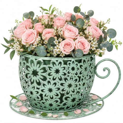 Coffee Cup Planter Pot Metal Teacup Flower Pot for Indoor Outdoor Garden Patio Decor, Vintage Hollow Floral Pattern with Saucer and Handle, Stable 10 Inch Wide Base, Green - color: Green