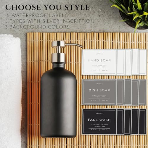 Glass Soap Dispenser Set of 2 (Black) with Silicone Tray | Hand and Dish Soap Dispenser for Kitchen and Bathroom | 16.8 Oz Glass Bottles with Stainless Steel Pump & 15 Waterproof Labels (Black/Silver) - color: Black/Silver