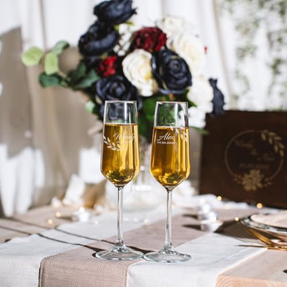Personalized Champagne Flutes with Names – Minimal Laurel Design Engraved Wedding Glasses, Custom Name & Date Champagne Flute, Wedding Toast Glasses (Champagne Flutes-D6) - color: Champagne Flutes-D6