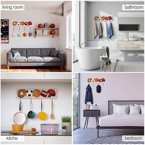 Wood Sports Coat Rack with 4 Hooks Basketball Baseball Football Soccer Wall Mounted Coat Hooks Decor Ball Sports Theme for Home Entryway Playroom Hats Keys Towels - style: Ball Theme