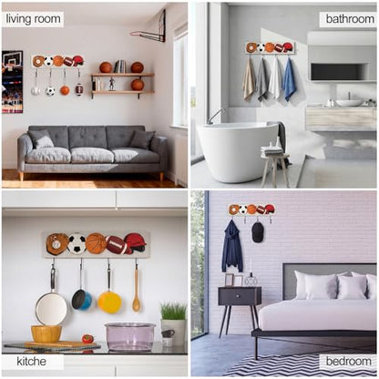 Wood Sports Coat Rack with 4 Hooks Basketball Baseball Football Soccer Wall Mounted Coat Hooks Decor Ball Sports Theme for Home Entryway Playroom Hats Keys Towels - style: Ball Theme