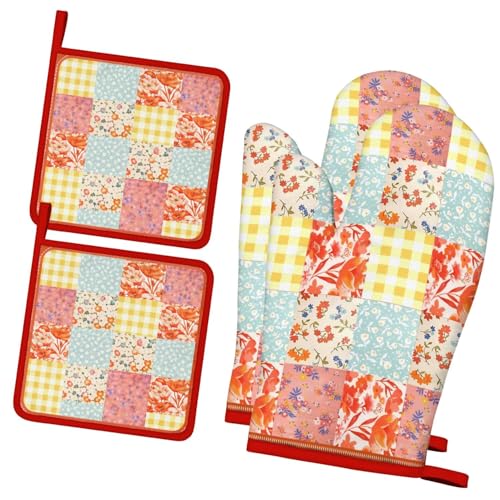 4 PCS Cotton Oven Mitts and Pot Holders Sets,Pioneer Flower Oven Gloves Heat Resistant Colorful Kitchen Mitts Hot Pads,Kitchen Decor for Women Cooking Baking Grilling BBQ (Trellis Small Floral) - color: Trellis Small Floral