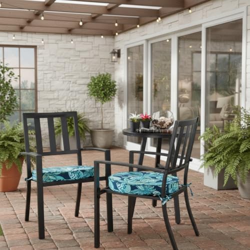 Set of 2 Outdoor 18 inch Round Patio Dining Chair Pads – Comfortable Fiber-Filled Seat Cushions with Ties, Reversible Polyester Fabric, Botanical Crestwood - color: Botanical Crestwood