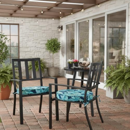 Set of 2 Outdoor 18 inch Round Patio Dining Chair Pads – Comfortable Fiber-Filled Seat Cushions with Ties, Reversible Polyester Fabric, Botanical Crestwood - color: Botanical Crestwood