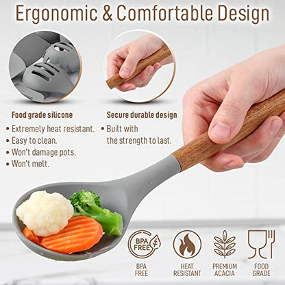 Zulay Kitchen 8 Piece Silicone Utensil Set | Non-Stick Silicone Cooking Utensils Set with Acacia Wood Handles - 464°F Heat Resistance Kitchen Utensils Set - Gray - color: Elegant Grey, size: 8-Piece Set