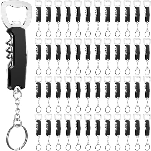 48 Pcs Bottle Opener Keychain Bulk Wine Bottle Beer Opener Keychain 3.27" Stainless Steel Corkscrew Waiter Corkscrew Wine Keyring Gifts for Christmas Bar Party Wedding Home (Black) - color: Black