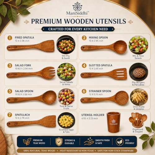 Teak Wood Cooking Utensil Set 8 Piece, Home essentials cookware set,Kitchen Utensils with Holder Wooden Spoons & Spatula for Cooking Nonstick Cookware,Safe, Non Toxic, Handcrafted