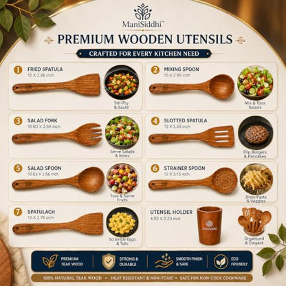 Teak Wood Cooking Utensil Set 8 Piece, Home essentials cookware set,Kitchen Utensils with Holder Wooden Spoons & Spatula for Cooking Nonstick Cookware,Safe, Non Toxic, Handcrafted
