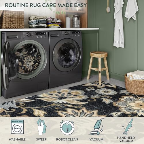 Lahome Floral Washable Living Room Area Rug - 3x5 Non-Slip Low-Pile Rugs for Entryway, Throw Small Stain Resistant Kitchen Rugs Soft Black Paisley Print Carpet for Office Bedroom Laundry Room Office | Low-Pile Small Stain Resistant Kitchen Rug, Soft Black