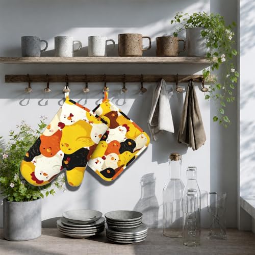 Funny Cartoon Chicken Oven Mitts and Pot Holders Sets Silicone Kitchen Mitts Potholders Heat Resistant Oven Gloves Hot Pads for Kitchen Baking Cooking - color: Funny Cartoon Chicken
