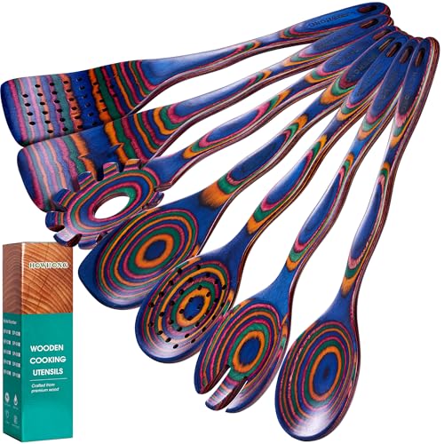 HOWHONG Colorful Wooden Cooking Utensils Set, 7-Piece Rainbow Pakkawood | Layered Pakkawood, Wooden Cooking Utensils, Nonstick Cookware Compatible, Heat Resistant, Handmade