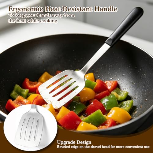 4 Pcs Cooking Utensils Set, Stainless Steel Kitchen Utensils, Heat Resistant Metal Kitchen Tools Include Solid, Slotted Turner, Serving Spoon, Non-Stick Wok Spatula, Dishwasher Safe, Silver