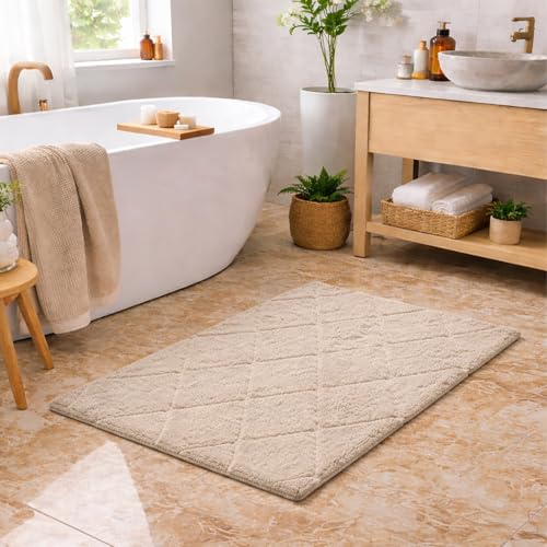 C23 20"x32" 100% Cotton Washable Bath Mat - 210 GSF Non-Slip Rug, Beige | Cushioned spa texture, reliable latex base grip, modern geometric aesthetic, perfect for master baths and guest rooms - color: Beige