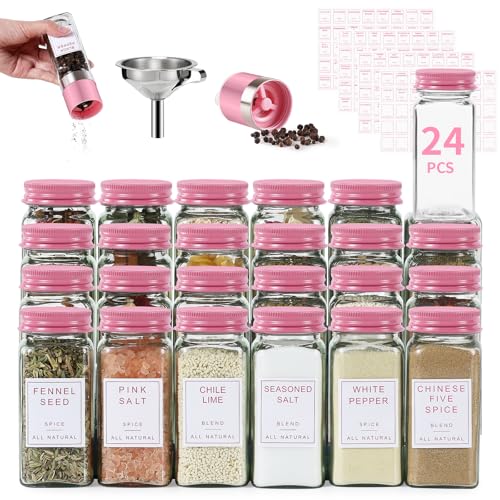 FavorFlavor Airtight Spice Containers for Kitchen: 24P 4oz Pink Glass Jars | Pink Metal Lids Square Spice Jars w/Lables/Pepper Grinder/Funnel - Seasoning Bottles for Rack/Cabinet/Drawer - color: pink-24