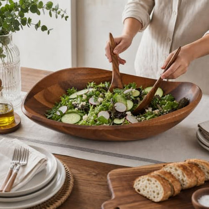 Arthur Court Wave Pattern Large Acacia Wood Salad Bowl - Modern Centerpiece for Fruits and Salads - 19 x 12 x 4 Inches - size: Wave