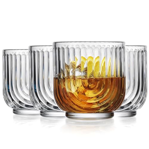 Glaver's Vintage Glassware Art Deco Glasse Ribbed Drinking Glasses U-Shape Arch Design Colored Cocktail Kitchen Tumblers Everyday Dinner Decorative Party (Clear S/4 11oz) - style: Clear S/4 11oz