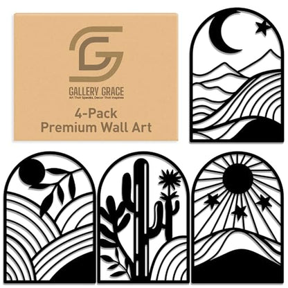 GALLERY GRACE Metal Wall Art Decor – 11" x 16", 4Pc Single Line Abstract Wall Art for Living Room, Bedroom, Office – Boho Minimalist Black Wall Decor Featuring Sun, Moon, Landscape & Desert Panels | 11 x 16 In Panels, Sun, Moon, Landscape and Desert Desig
