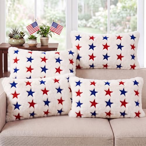 Tiamon 4 Pcs Patriotic 4th of July Throw Pillow Covers 11.8 x 19.7 Inch Red White Blue Stars Plush 3D Embroidered Pillow Cases USA Flag Independence Veteran's Day Cushion Covers for Bed Sofa Couch - style: Patriotic Rectangle