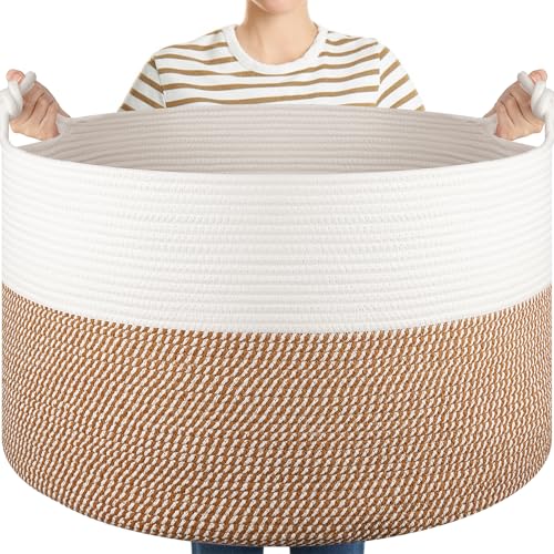 OIASKET XXL Large Blanket Storage Basket for Living Room, 105L Woven Cotton Rope Basket with Handles, Baby Toy Storage, Laundry Hamper for Clothes, Pillows, Towels-Yellow and White - color: Yellow & White, size: 105L