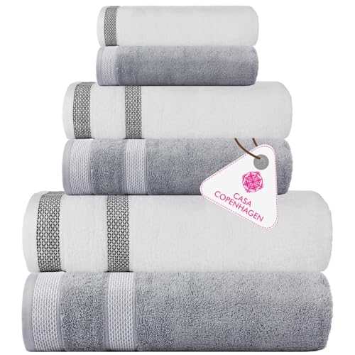 CASA COPENHAGEN Solitaire 6Pcs 100% Egyptian Cotton Large Designer Towels Gift Set- Grey Violet - White, 600GSM, 2Bath 2Hand 2Washcloths, Bath Towels for Bathroom Set for Women & Men - color: Solitaire 6pcs Towel Set Grey Violet - White, size: 6 Pieces