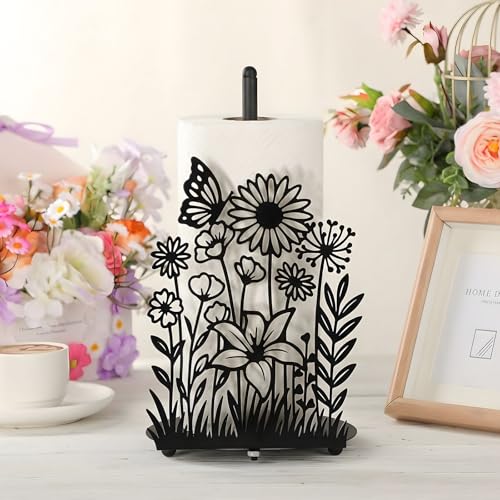 Wildflower Kitchen Countertop Paper Towel Holder Decorative Paper Towel Holder Black Metal Tissue Stand Kitchen Decor Accessories for Home Party Bathroom Countertop Dining Table - style: Wildflower