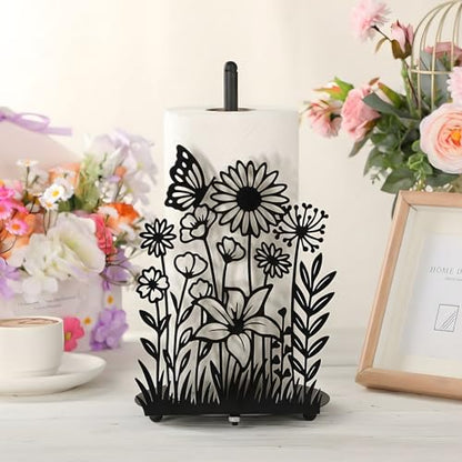 Wildflower Kitchen Countertop Paper Towel Holder Decorative Paper Towel Holder Black Metal Tissue Stand Kitchen Decor Accessories for Home Party Bathroom Countertop Dining Table - style: Wildflower