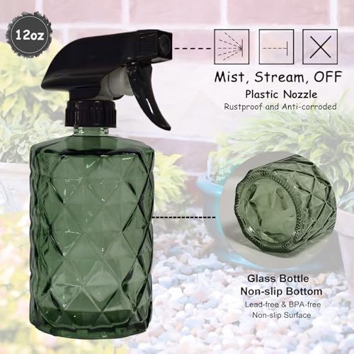 YYTSGG Green Glass Plant Mister Bottle, 12oz Refillable | Water Spray Bottle with Adjustable Mist Nozzle for Indoor Flowers, Outdoor Gardening, Cleaning, Hair and Pets Care - color: Light Green