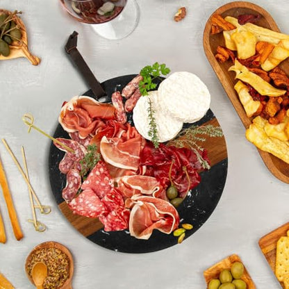 HomeWetBar Personalized Charcuterie Board | Custom 12" Round Black Marble & Acacia Wood Cheese Board | Perfect Housewarming + Wedding + Couples Gift Idea - style: Winslow Round Black Marble Board