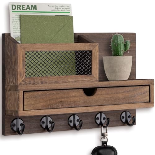 Key Holder Wall Mount, Key Holder for Wall with 5 Key Hooks and Storage Drawer Mail Organizer for Entryway Living Room Farmhouse Home Decor - color: Brown