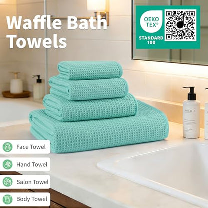 MICROFI Waffle Weave Bath Towel Set, Microfiber, 4 Pieces (Body/Hair/Hand/Face), Quick Dry, Lightweight, Super Absorbent, Lint Free, 380 GSM (Turquoise) - color: Turquoise