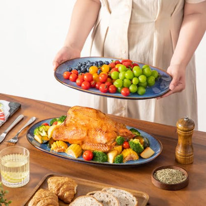 vancasso Ceramic Serving Platters Set of 3, Oval 16/14.7/13.5 Inch Stoneware Serving Dishes for Entertaining, Microwave Safe Serving Trays for Food, Turkey, Cheese, Party, Reactive Glaze Blue - color: Blue