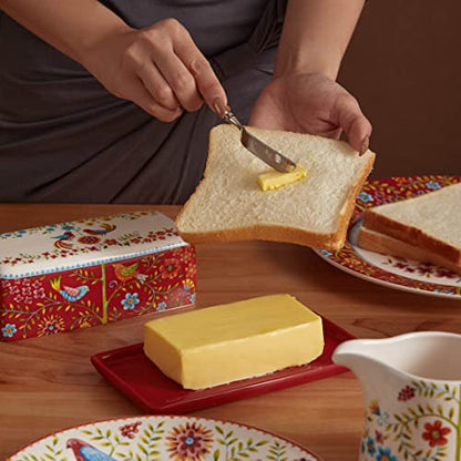 Bico Red Spring Bird Ceramic Butter Dish with Lid, Wide Butter Keeper for Counter, Kitchen Countertop, Microwave and Dishwasher Safe - color: Red Spring Bird