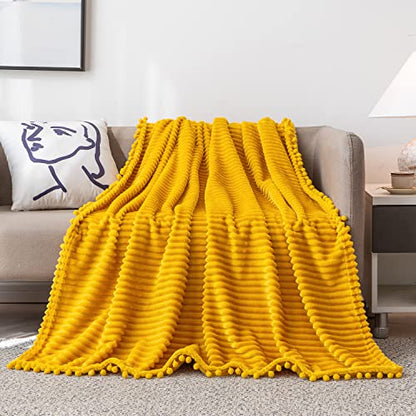 DISSA Fleece Blanket Twin Size – 60x80, Yellow - Soft, Plush, Fluffy, Fuzzy, Warm, Cozy – Perfect Throw for Couch, Bed, Sofa - with Pompom Fringe - Flannel Blanket - color: Yellow, size: 60x80"