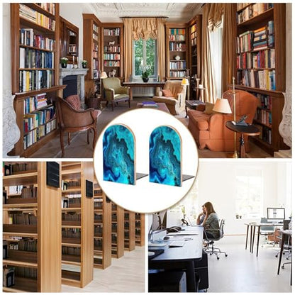 Bright Aqua Blue Turquoise Book Ends for Shelves Decorative Wooden Bookends Heavy Duty Non-Skid Book Stopper Modern Book Holder Cute Book Organizer for Home Office Library Desk Decor