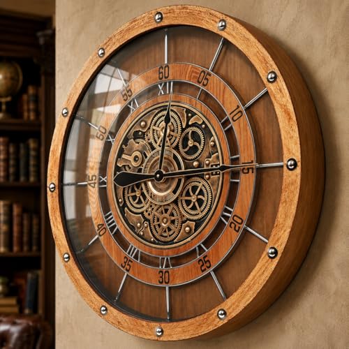HOIBAI 30" Large Wall Clock,Brown,Hollow Skeleton Design with Metal Spokes | Real Moving Gears/Industrial Steampunk Riveted Wood/Battery Operated/Silent Rustic Decor for Living Room - color: Brown a, size: 30 Inch
