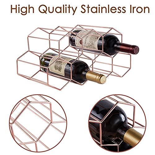 FOMANSH Countertop Wine Rack - 7 Bottle Holder for Storage, Freestanding Metal Tabletop Stand With Modern Design for Kitchen, Cellar, Bar Cabinet - color: Rose Gold