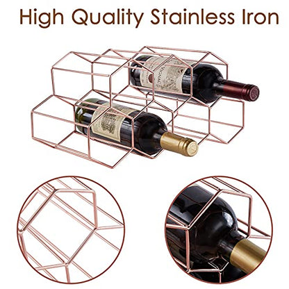 FOMANSH Countertop Wine Rack - 7 Bottle Holder for Storage, Freestanding Metal Tabletop Stand With Modern Design for Kitchen, Cellar, Bar Cabinet - color: Rose Gold