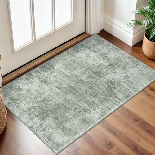Small Abstract Area Rug 2x3 Ft Entryway Rugs Washable Door Mat Indoor Entrance, Rubber Backed Throw Rugs, Printed Faux Wool Non Slip Floor Carpet for Foyer Front Door Sink, Sage Green - color: Sage Green, size: 2' x 3' (Rectangular)